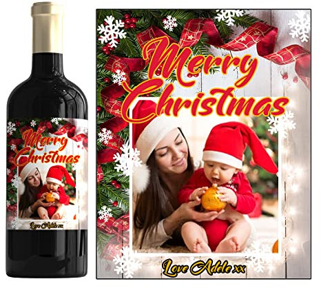 Christmas Photo Personalised Present Gift Wine Vodka Whiskey Bottle Label 124