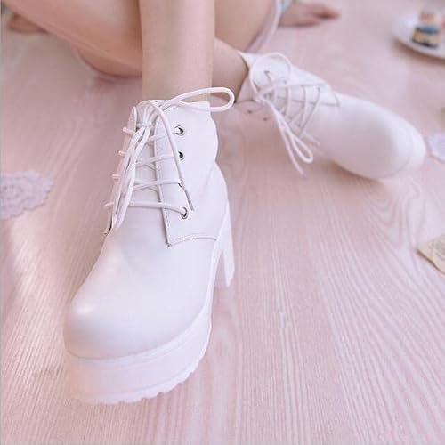 Lolita Scarpe Uwabaki JK Punta Rotonda Scarpe Allacciate Uniforme Scuola Scarpe per Ragazze Donne Adulti Cosplay Dolci Stivali 38 Bianco