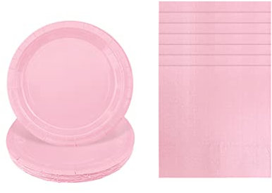 Solid Color Pink Tableware Set Decor,20 Paper Napkins 16 Paper Plates in Pink,Disposable Paper Tableware Napkins and Plates Birthday Decorations for Him,Her,Men,Women,Adults Party,Kids Party