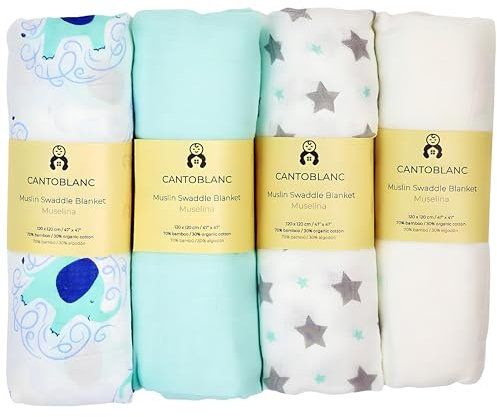Cantoblanc - Pucktuch Musselin Tuch Baby 120x120 cm Bio-Baumwolle Bambus. Groß Swaddle Blanket für Junge und Mädchen Neugeborene. (4, Hellgrau, Türkis, Sternendruck, Elefantendruck, 120 x 120 cm)