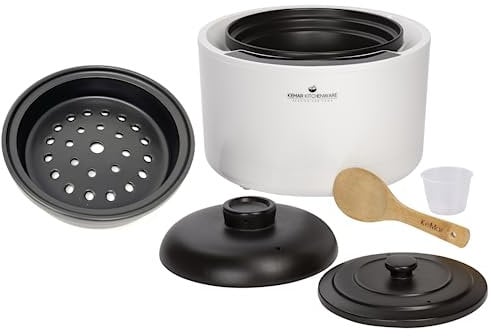KeMar Reiskocher 2,5l mit Keramiktopf - Keramik (Donabe, Tonkeramik, Tontopf, Keramiktopf) - Weiß, 900W - Schongarer, Dampfgarer, Warmhaltefunktion (KCC-280 + Dämpfeinsatz)