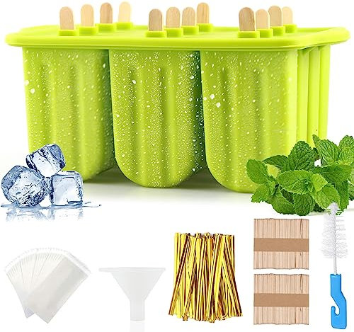 Binggunyo Moule Glace Silicone, Boules à Glaces sans BPA, Moule Silicone Glace pour Enfants et Adultes,DIY Réutilisable pour Popsicles avec Batonnet Glace et Brosses et Entonnoirs Pliants (Vert)