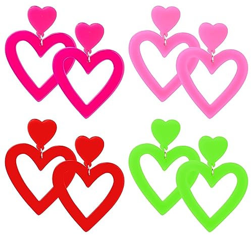 GWAWG 4 Paar Acryl-Retro-Neon-Ohrringe, bunte Hängeohrringe, trendige Ohrringe, klobige Ohrringe, süße Süßigkeiten-Ohrringe für 80er-Jahre-Party-Kostüm-Zubehör (herzförmig), Acryl