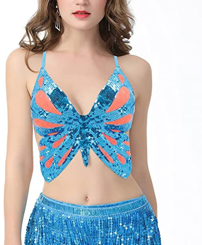 Naimo Top da Donna con Paillettes Farfalla Crop Top Senza Maniche Sexy Halter Backless Costume da Danza del Ventre Latina Canotta per Feste Festival