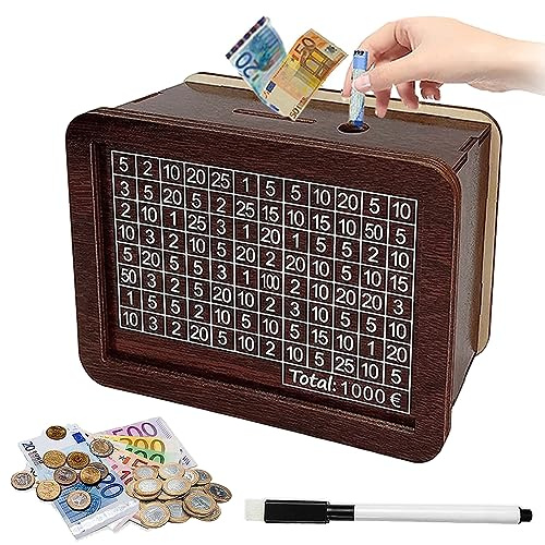 Sparbox Spardose Holz,Spardose mit zähler,Wiederverwendbare Spardose mit Sparziel und Zahlen zum ankreuzen (1000€),Holz Spardose mit zähler,Sparbox für Kinder Groß,Sparbox with Ziel