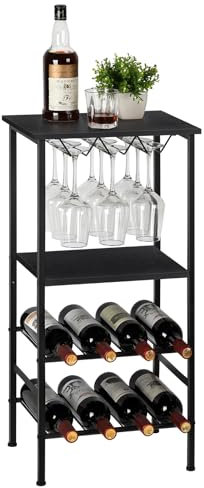 Étagère à Vin pour 8 Bouteilles avec 9 Support en Verres à Vin, Casier à vin sur Pied, 4 Étages Range Bouteille Vin en Métal pour Cuisine Salle à Manger Salon, Noir