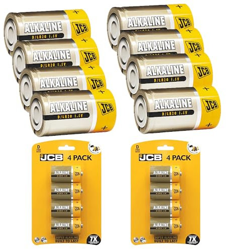 D Batteries, JCB 8 Pack - Super Alkaline Size D batteries 7x Lasting LR20 MN1300 Battery 1.5v For any devices | toys | fairy lights | household remotes applications | Flashlights | Clocks |