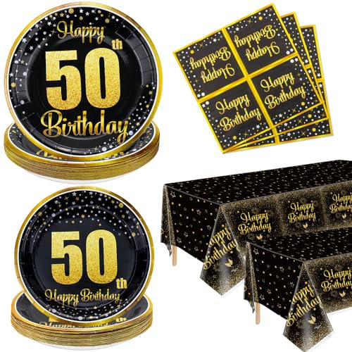 50th Birthday Decorations for Women and Men - 122Pcs Plates Napkins 50th Tablecloth Black and Gold Party Decorations Serve 40