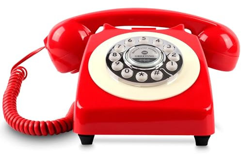 Fotomaton Shop - Vintage Festnetztelefon | Retro Recorder Telefon, Hochzeitsrekorder Telefon | Drehscheibe, Klingel aus Metall 70er Jahre | Spiralkabel und Türklingel Traditionell | Rot