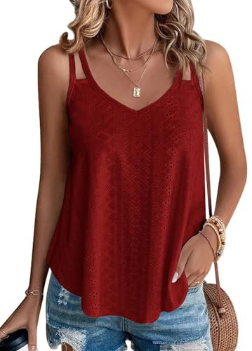 Zeagoo Trägertop Damen Blusentops Damen Sommerblusen Leicht Luftig Shirt Elegant Outfits Damen Spaghetti Oberteile Italienische Mode Damen Ärmellose Bluse Dunkelrot XL