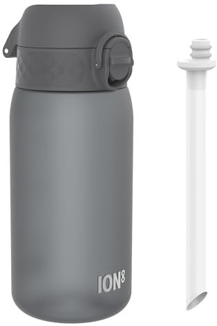 ION8 Kids Water Bottle 350ml/12oz Leak-proof & BPA Free Drinking Bottle with Straw, Triple Lock Lid to Prevent Spills & Integrated Handle, Ideal for Little Hands & Lunch Boxes,Recyclon Grey with Straw