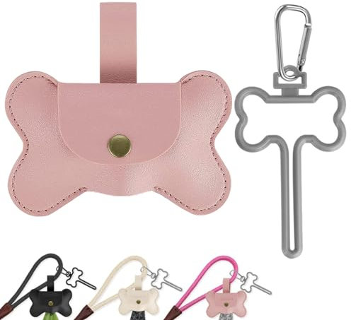 Duuclume Hundekotbeutelspender aus Leder zur Befestigung der Leine, freihändige Kotbeutelhalter mit Karabiner-Clip, Kaninchen-Müllbeutelträger für Spaziergänge, Laufen, Fahrradzubehör, Rosa
