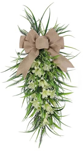 Mokylor Corona de Lirios en Forma de Lágrima de Primavera de 23,6 Pulgadas para Puerta de Entrada, Corona Floral Grande de Primavera Y Verano con Lazo, Corona de Flores de Verano para Decoración del H