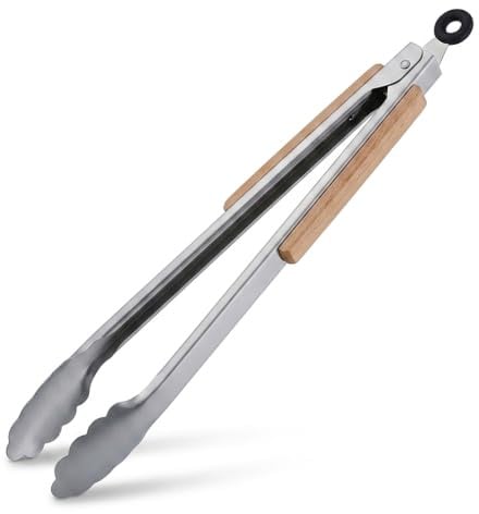 4x Pinza da Barbecue, Acciaio Inox e Manico in Legno, Accessori Griglia e Cucina, Lunga 38 cm, Argentato Marrone
