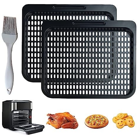 KARBAG 2 Pcs Cooking Tray for Air Fryer Oven Removable Mesh Cooking Rack Non-stick Air Fryer Crisper Plate Grill Pan Plate Carbon Steel Air Fryer Replacement Parts with Pastry Brush for Home Kitchen