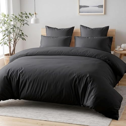 Cozyor Bettwäsche 155x220 allergikergeeignet, weich mit robustem Reißverschluss, Mikrofaser, 1x Deckenbezug + 2X Kissenbezug 80x80 cm, 3-teilig, schwarz Eclipse
