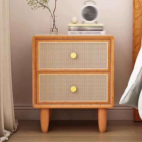 Log Simple Retro Bedside Table, Nightstand with 2 Handmade Rattan Decorated Drawers, Storage Bed End Table, Side Cabinet, for Living Room Bedroom Furniture ( Color : Dark wood color , Size : 40x35x48c