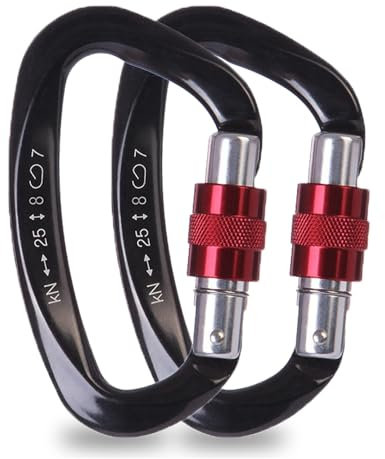 Mallez Locking Carabiner, 25KN CE Certified Heavy Duty Climbing Carabiners Clip, D-Ring Aluminum Carabiner Hook with Screwgate for Camping, Hiking, Traveling, Fishing - Black