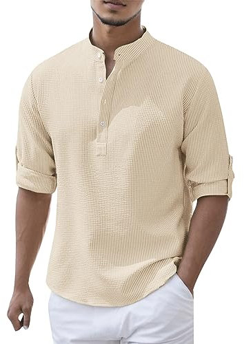 Beokeuioe Shirt Langarm Leinenhemd Baumwolle Sommerhemd Stehkragen Hemd Herren Freizeithemd Strandhemd Casual Regular Fit Herrenhemden Einfarbige Langarmhemd Lässiges