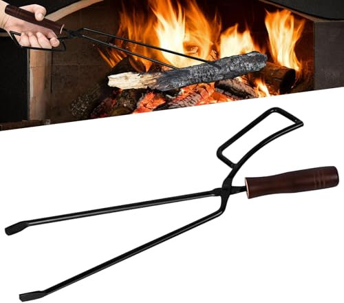 PRITOK Pinza per Legna da Ardere a Carico Pesante, Anti-Scottatura: Universale per Carbone Con Manico in Legno, Lunga per Camino, Barbecue, Stufe (40 x 10)