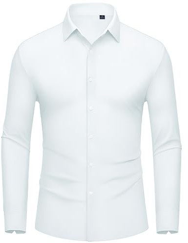 DEMEANOR Camisa elástica de manga larga para hombre, camisa de negocios, ajustada, sin planchado, camisa informal para hombre, camisas de moda para hombre, 1 blanco., L
