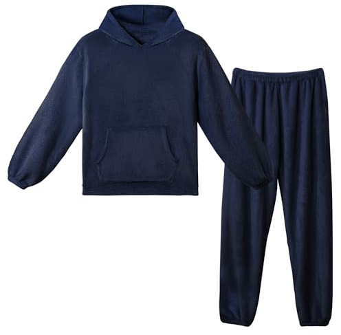 LACOFIA Pigiami in Pile Due Pezzi da Donna e Uomo Pigiama Set Invernale con Cappuccio Abbigliamento Caldo da Notte a Maniche Lunghe Adulto Pigiama di Coppia