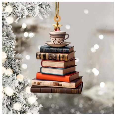 2D Flache Acryl-Weihnachtsbücher Ornament für Weihnachtsbaum, 2024 Weihnachtsbaum-Form, Bücherregal-Anhänger, Weihnachtsschmuck für Zuhause, Weihnachtsschmuck, hängende Dekoration, Bücher, gestapelt