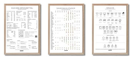 Listenwissen 3er-Set Poster für die Küche: Saisonkalender für Obst & Gemüse, Küchen-Spickzettel & Waschsymbole –Küchenhilfe & Haushalts-Organizer, Deko, Küchen-Poster - A4 inkl. Rahmen natur