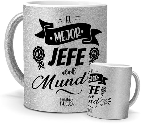 Taza Jefe | Taza de Cerámica Purpurina Plata con Frase Jefe y Dibujo | Mejor Jefe del Mundo | 350 ml Regalo Original Navidad para Jefa Especial, Taza de Café, Té e Infusiones