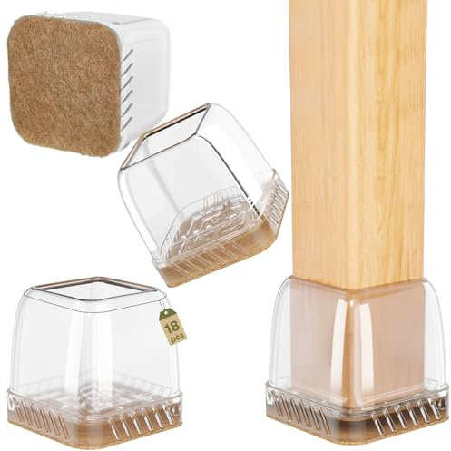 Euqvunn 18pcs Protection Pied de Chaise Carré, Protege Pied de Chaise Silicone, Patin de Chaise Transparent Patins pour Chaises avec Feutre, Tampon de Solpour Sols en Bois Dur et Carrelage 19-25mm
