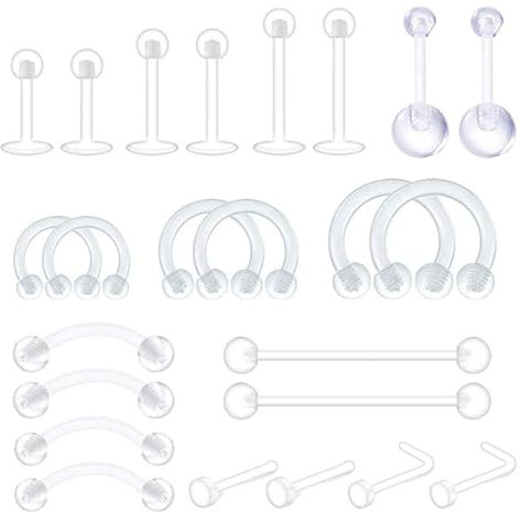 HANIUTTY 24 Pcs Piercing Plastique Retainers, Piercing Transparent Invisible Nez Labret Oreille Nombril Lèvre Septum Helix Silicone Barre Langue Téton Tragus