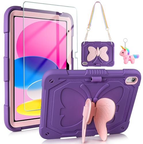 Coolden for iPad 10th Generation Case for Kids Girls with Butterfly Stand Screen Protector Shoulder Strap Dolls Pencil Holder Rugged Protective Cover for iPad 10th/11th A16 Generation Case-Purple