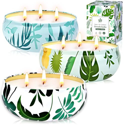 Citronella Candles Outdoor Large, 3 x 12oz 3-Wick Citronella Fragrance Candle Set for Home Garden Patio Yard Balcony Camping BBQ Gifts, 90 Hrs Burning Scented Soy Wax Candle Summer Essentials
