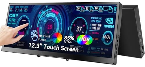Monitor táctil portátil 12.3, 1920 x 720 IPS, mini pantalla táctil, monitor de viaje con soporte plegable y altavoz, HDMI USBC CNC, monitor externo para ordenador portátil, teléfono, Aida64, GPU CPU