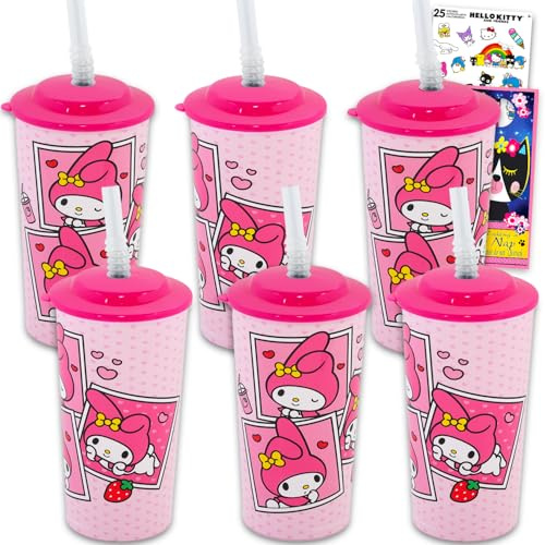 SANRIO My Melody – Lot de 6 gobelets réutilisables de 473,6 g avec couvercle et paille – Gobelets de 473,6 g avec couvercle et paille – Autocollants pour garçons et filles – Gobelet My Melody avec