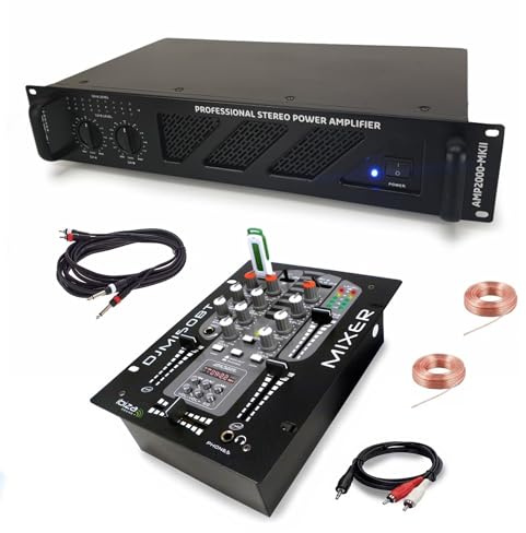 Ibiza - DJ Sono Verstärker Ibiza Sound AMP2000-MKII 3000 W – Mischpult Bluetooth DJM150USB-BT USB Klinke – Cinch-Kabel mit Lautsprechern