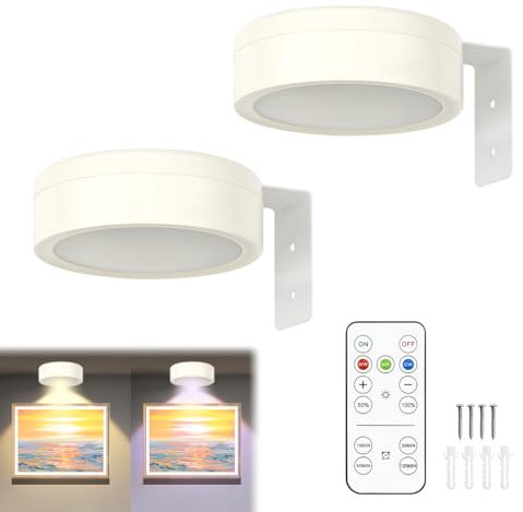 Suevut Lampe Tableau Sans Fil à Piles, Lot de 2 Appliques LED avec Télécommande, Éclairage Tableau 3 Couleurs, Spot LED pour Peintures, Cadres, Décorations Murales et Vitrines
