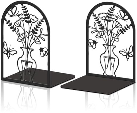 Hobbspring 1 paire de serre-livres décoratifs pour étagères, 11 x 13,5 x 20 cm, grandes bouteilles de fleurs, serre-livres, en métal, noirs, pour la maison, le bureau, l'école