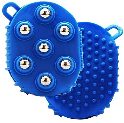 Lymphdrainage-Handschuhe, Lymphdrainage-Handschuhe für Frauen, Handmassageball, Beauty-Roller, Körperpflege-Muskelentlastungsgerät mit 7 Metallkugeln, 360-Grad-Massagerolle für Rücken und Bei (Blau)