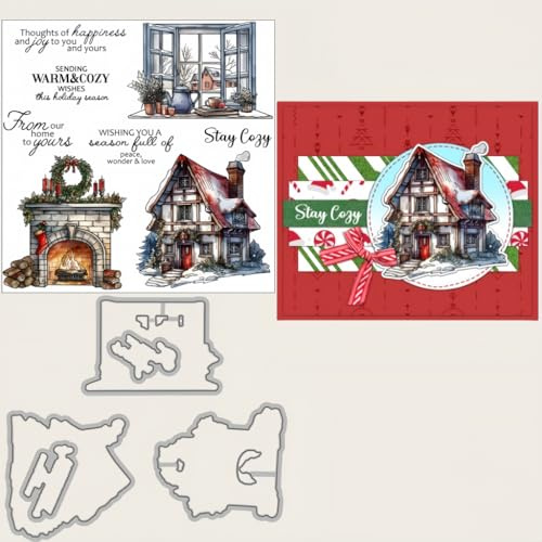 Sredwtk Fenster Kamin Haus Weihnachten Stempel und Stanzen Set,Silikonstempel und Stanzen Set,Stanzschablonen und Stempelset,Clear Stamp und Stanzschablone Für DIY Scrapbooking Fotoalbum Dekor Karten