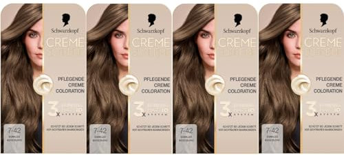 Schwarzkopf Creme Supreme Coloration 7-42 Dunkles Beigeblond (4x182 ml), dauerhafte Haarfarbe mit Serum und Haar-Maske schützt vor sichtbaren Haarschäden, für 100% Grauabdeckung