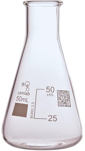 Camlab Graduated 3,3 Borosilicate Glass Erlenmeyer Flask, With Narrow Mouth, Conical Flask, Chemically Resistant and Heat Resistant, 50ml Glass Beaker, Pack of 1
