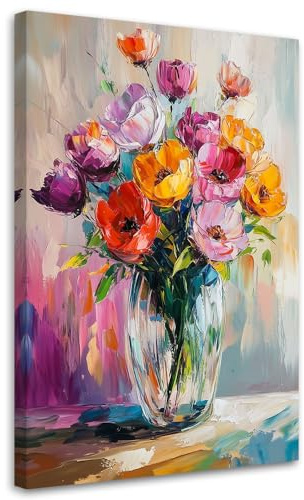 Feeby Bild auf Leinwand - Wandbilder Wohnzimmer Aesthetic - Strauß bunter Tulpen in einer Vase - 60x90 1tlg - Schlafzimmer Wandekoration - Bilder Zimmer - Living Room - Deko Wandbilder - Moderne Bild