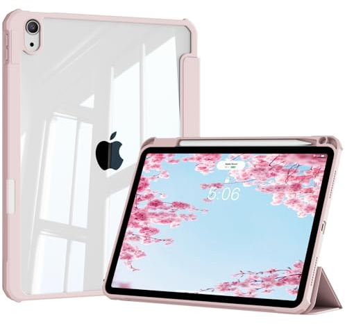 SQQSOOZ Translucent Case for iPad Air 11 Inch, Air 5th/4th Gen, Pink | Slim Case with Clear Back Shell & Pencil Holder, Support Touch ID, Auto Wake/Sleep, for iPad Air 11 M4/M3/M2