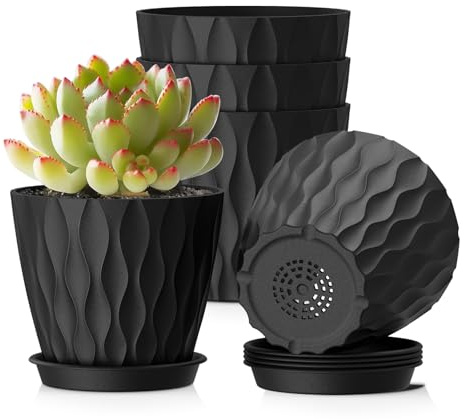 WSMKSZ 10.2 cm Plant Pots Indoor, 5 Pack Thick Plastic Flower Pots with Drainage Holes and Saucers, 3D Modern Wave Texture, Decorative Nursery Pots for Succulents, Herbs & Small House Plants, Black