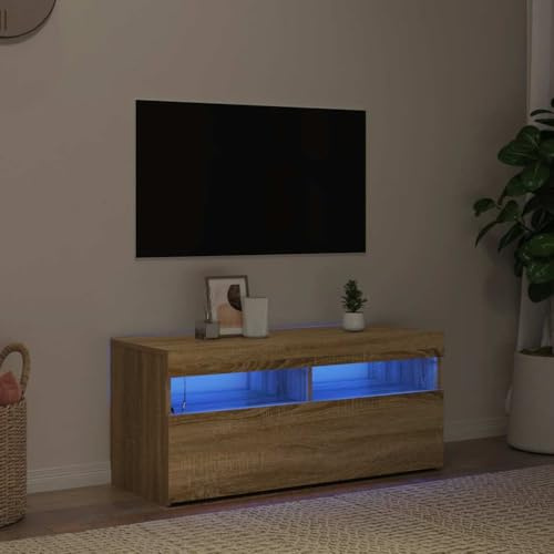 Holamys TV-Schrank mit LED-Leuchten, Sonoma-Eiche, 90x35x40 cm, modernes Design, Stauraum für Wohnzimmer, Entertainment Center