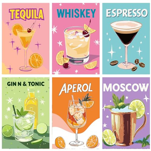 MAXBYE 6 Pack Peinture Numéros pour Adultes, DIY Cocktail Peinture par Numéros avec Pinceaux pour Débutants, Facile Paint by Numbers Décoration de la Maison Cadeau 20x30cm