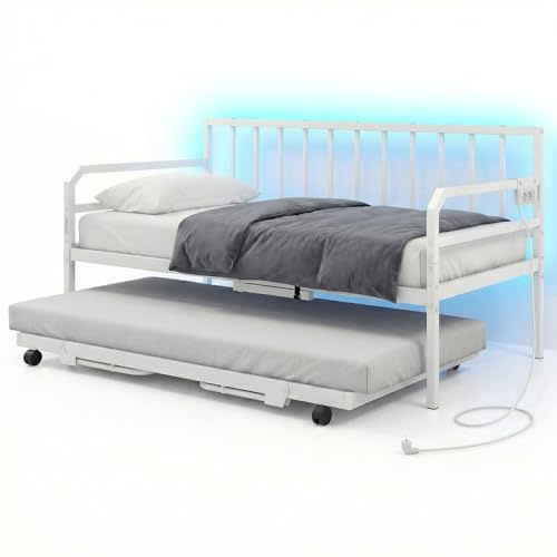 COSTWAY Schlafsofa mit Ausziehbett, Tagesbett 90x200/ 180x200 cm, Gästebett mit LED-Lichtern & Ladestation & Lattenrost, Einzelbett & Doppelbett ohne Matratze für Schlafzimmer, Gästezimmer (Weiß)