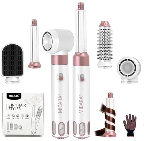 MIEARA 5 in 1 Hair Styler & Hot Air Styler, 1000W Rotating Hair Dryer Brush, Negative Ion Hot Air Brush and Travel Hairdryer, Hair Curlers with 3 Temperature for Fast Drying, Volumising and Styling