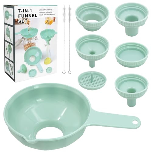 Wide Mouth Versatile Funnel, Canning Funnels for Kitchen Use, Plastic Cooking Funnel Set with 6 Size Spouts and 1 Strainers Cooking Funnels for Transferring Liquid, Fluid and Dry Ingredients